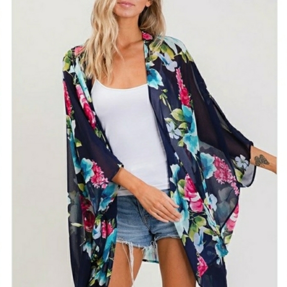 Tops - Navy Blue Floral Kimono